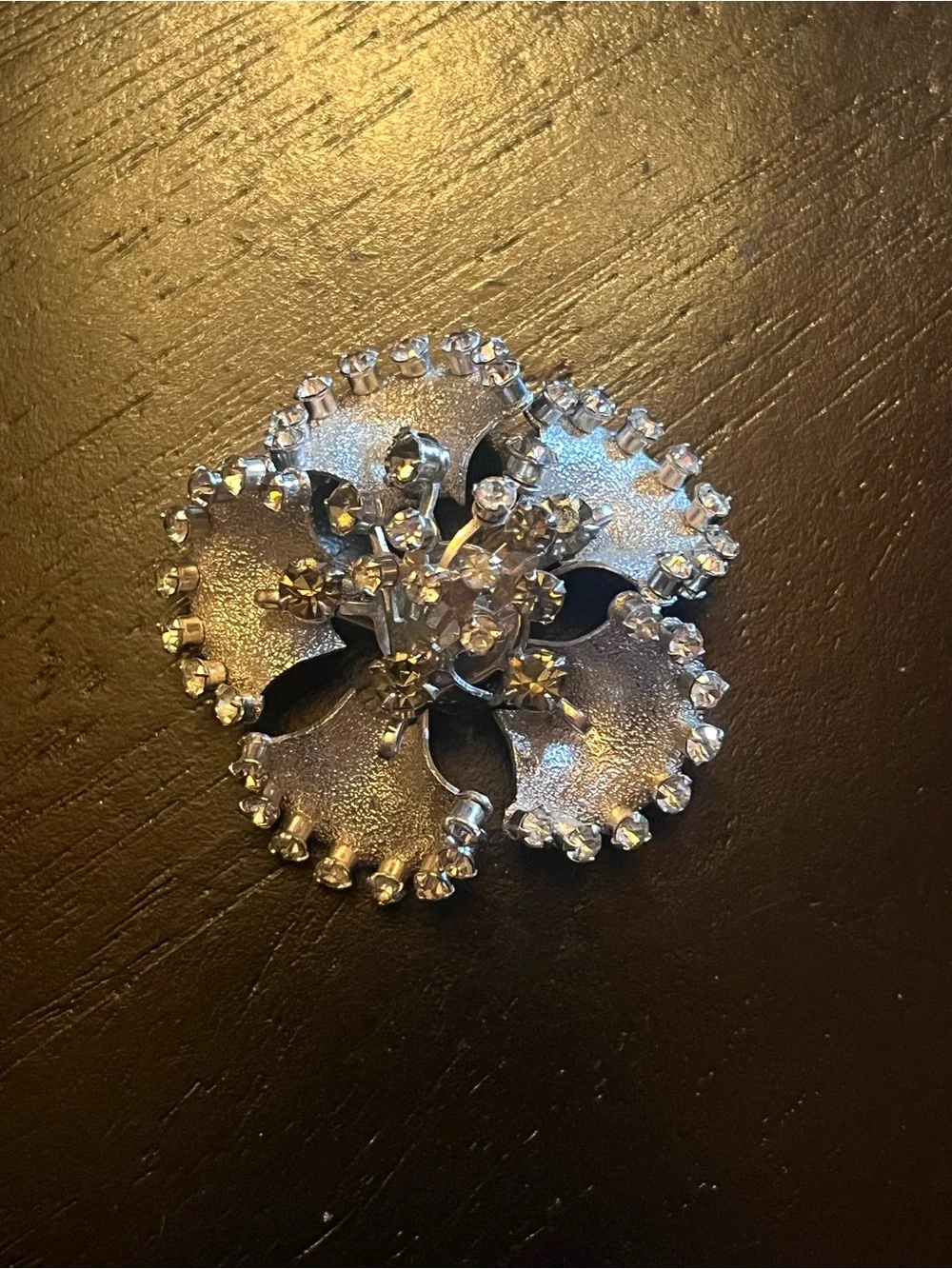 Vintage Silver Tone Crystal Flower Brooch